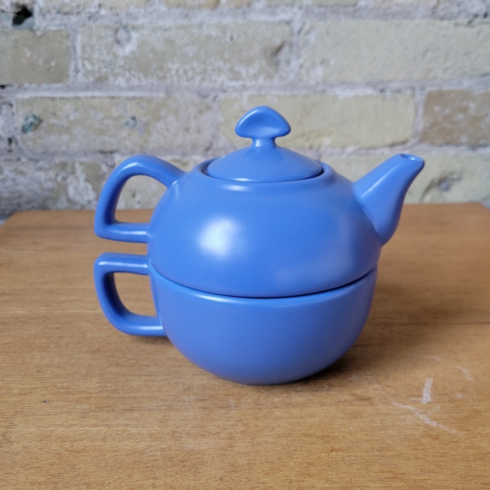 2003 Chantal 'Tea For One' Stacked Ceramic Teapot + Mug 13oz Blue